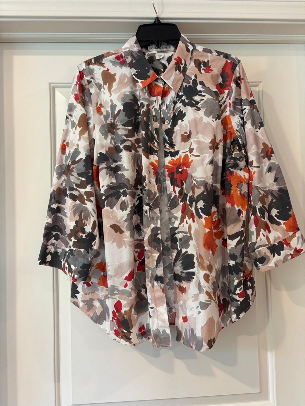 Coldwater Creek Floral Button-Front Blouse in Orange, Brown, Gray and Cream